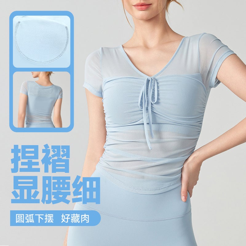 Pure Desire Style Yoga Suit Short-Sleeved Women'S Gauze Slim-Fit Slimming Fixed Cup Spice Girls Outer Wear Sports Fitness Top Women - Image 2